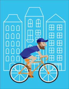 An Illustration of a man bicycling with houses behind him